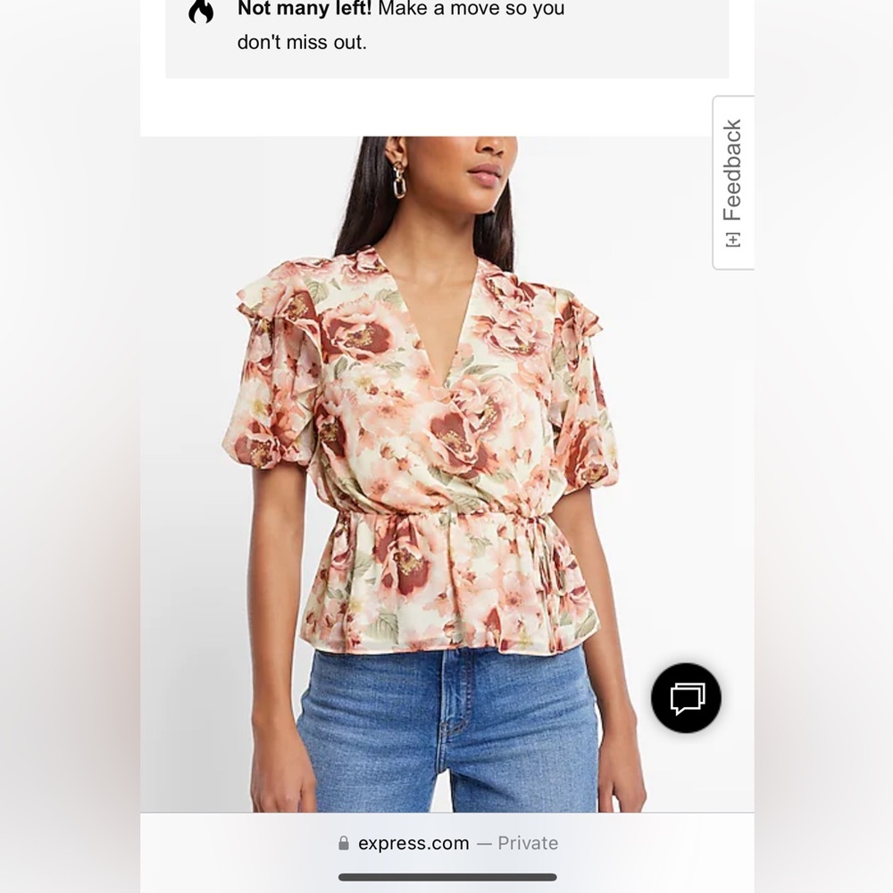 Express Floral Faux-Wrap Puff Sleeve Peplum Top